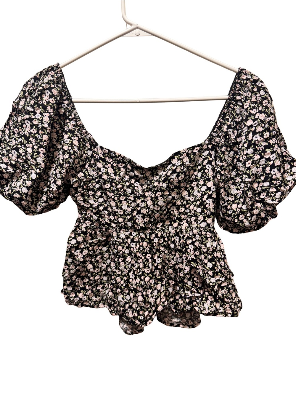 Altar'd State Black Puff-Sleeve Floral Peplum Top Pink Cottagecore Womens Small